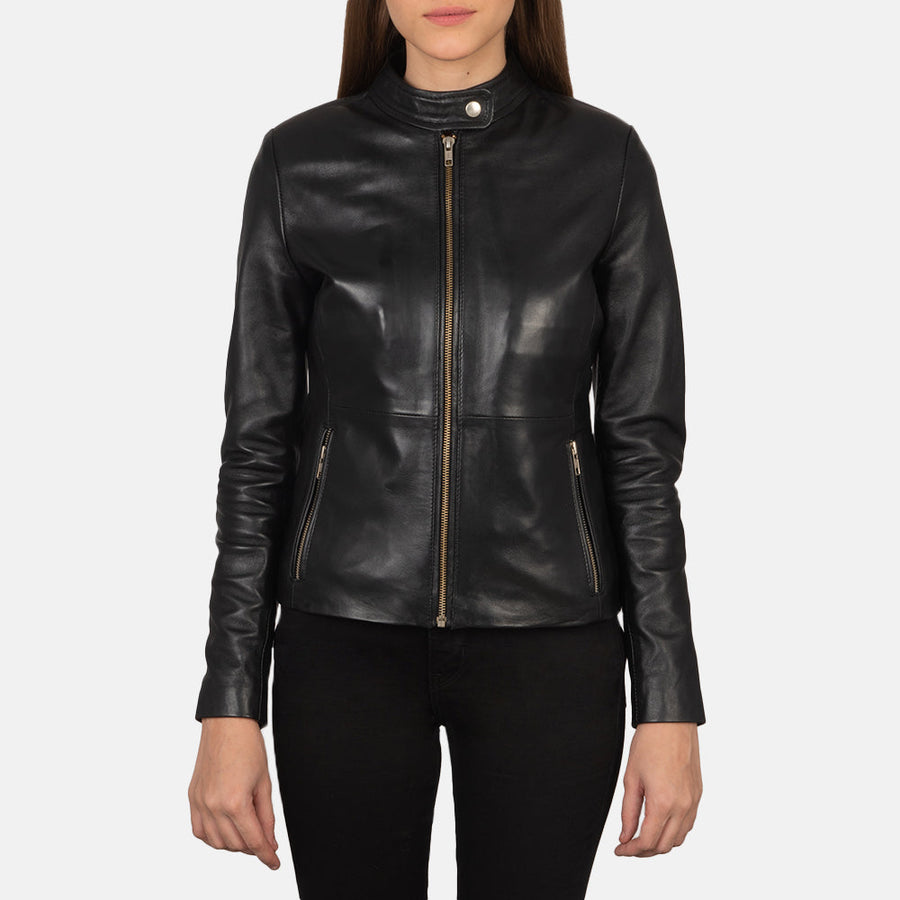 Women’s Sheepskin Leather Bomber Jacket with Band Collar