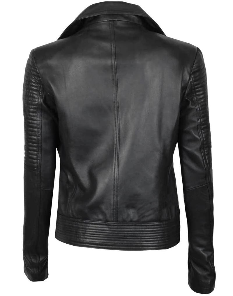Women's Luxury Lambskin Leather Jacket - Classic Biker Style, Asymmetrical Zip Closure - Tailored Fit, Soft and Supple Genuine Leather