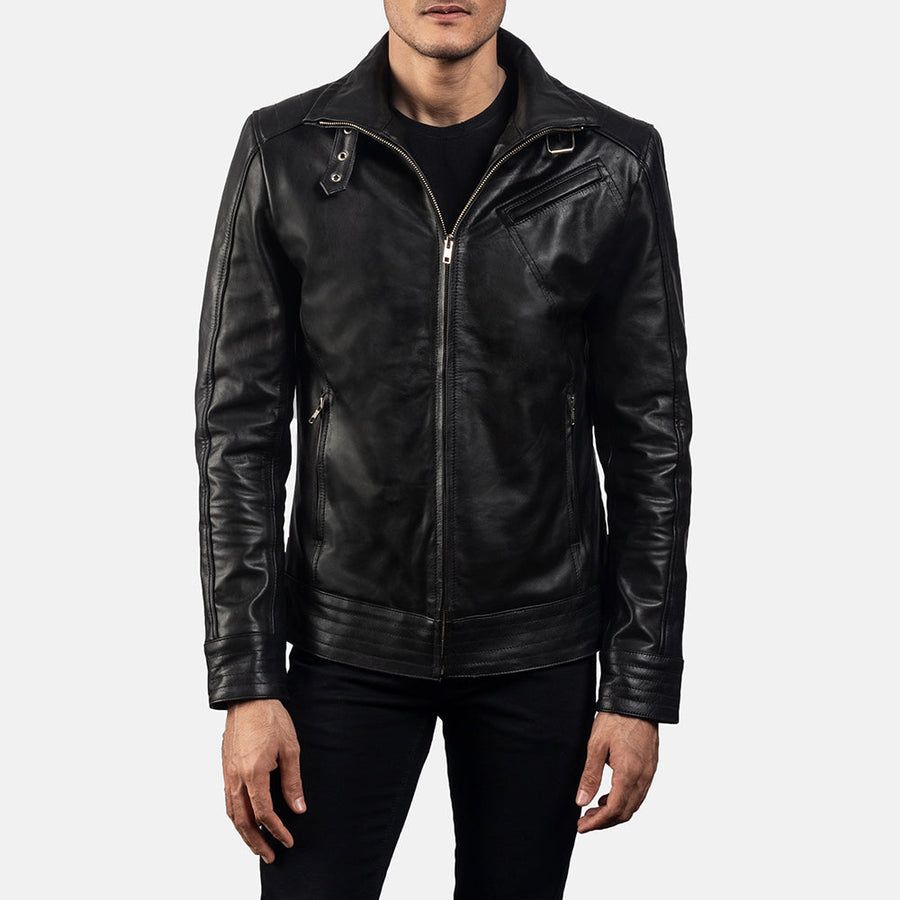 Black High-Neck Genuine Cowhide Leather Jacket For Men