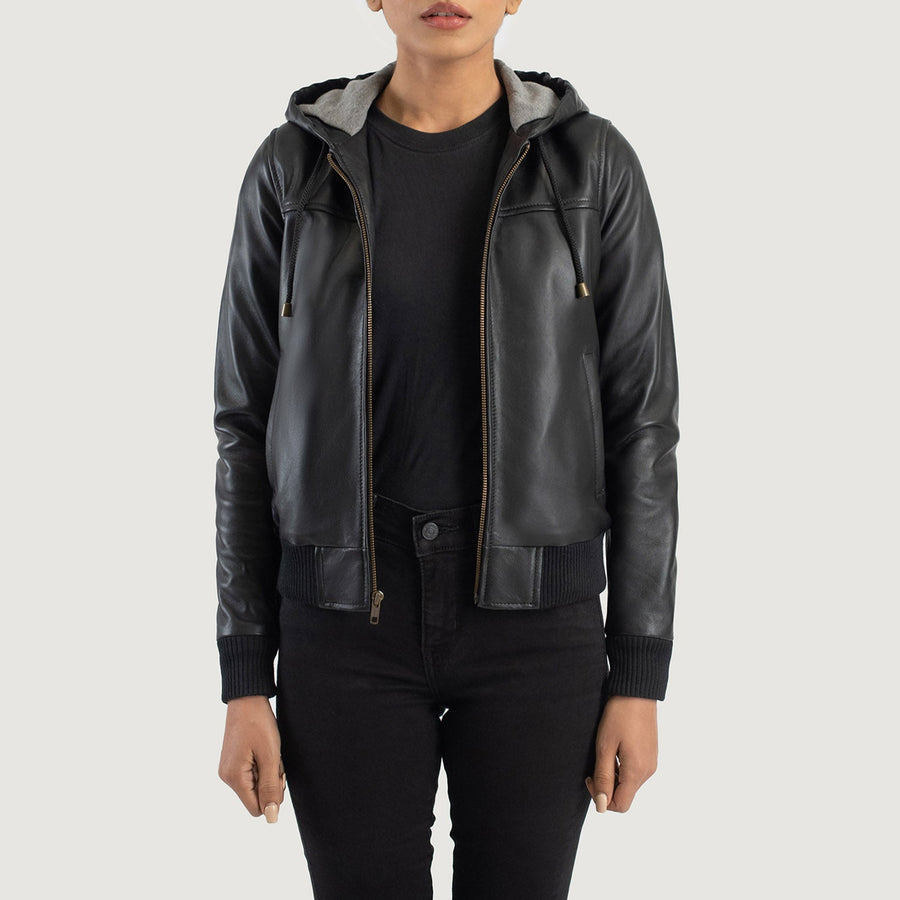 Women’s Hooded Sheepskin Leather Bomber Jacket with Fleece Lining