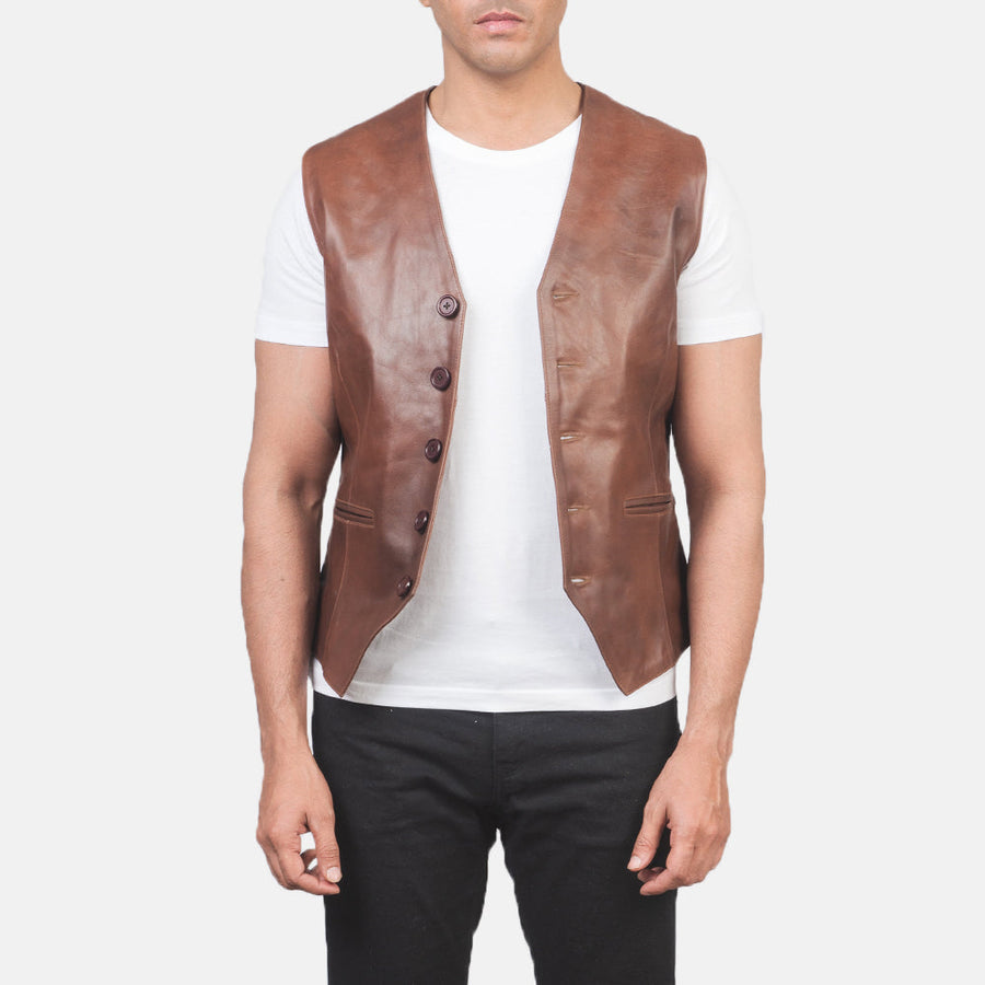Men’s Pull-Up Cowhide Leather Vest – 5 Button Closure