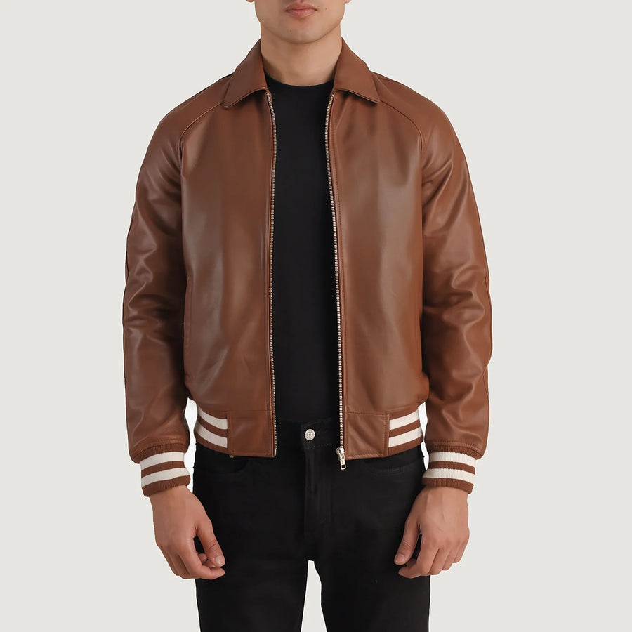 Men’s Semi-Aniline Sheepskin Leather Jacket with Rib Knit Cuffs & Hem