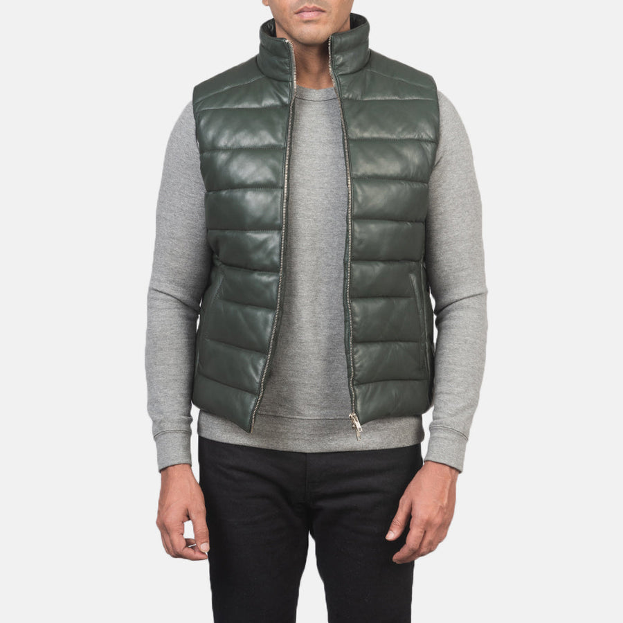 Men’s Aniline Sheepskin Leather Puffer Vest – Dual Zipper Closure
