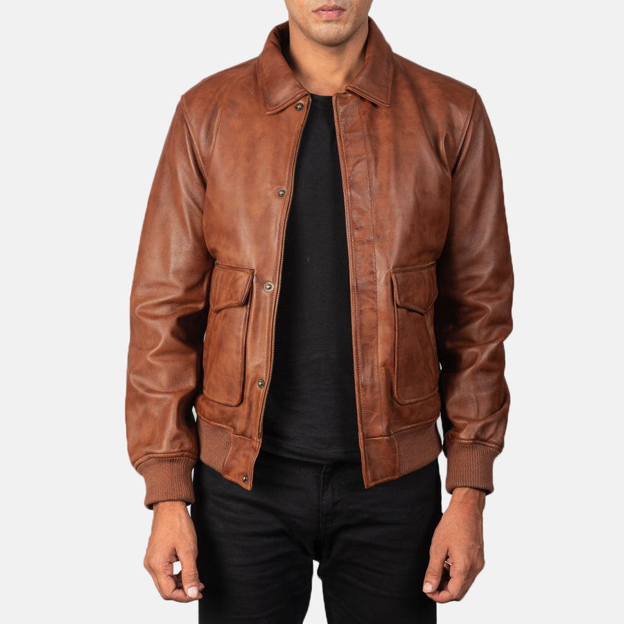 Men’s Sheepskin Leather Jacket with Shirt Collar and Button Flap