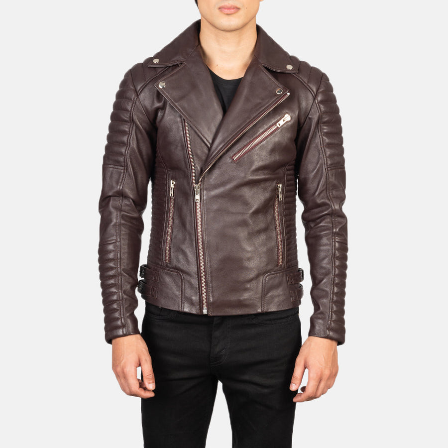 Men’s Semi-Aniline Sheepskin Leather Biker Jacket with Notch Collar