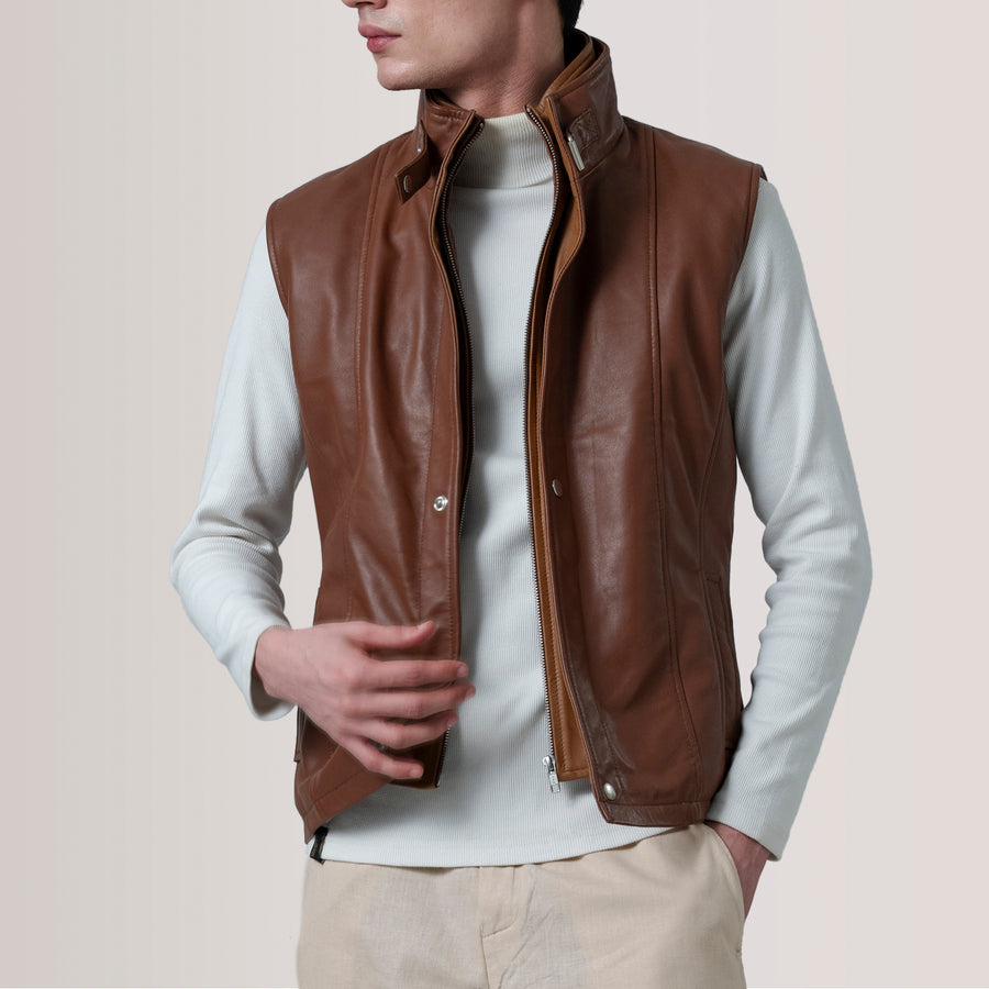 Men’s Semi-Aniline Sheepskin Leather Vest – Band Collar with Buckle