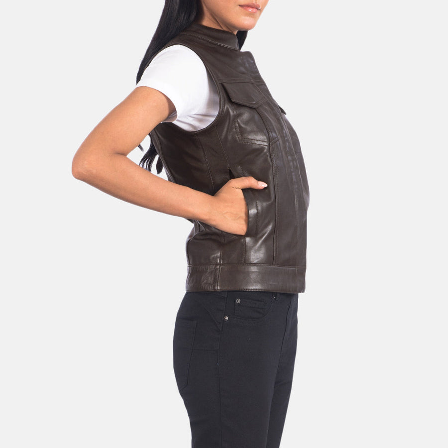 Women’s Black & Brown Sheepskin Leather Vest with Quilted Lining