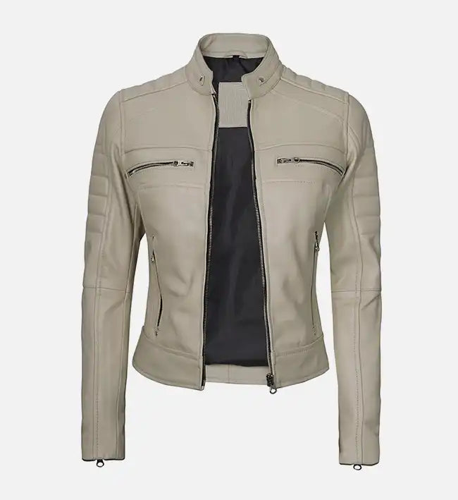 Women’s Sheepskin Leather Café Racer Jacket – Green & Beige with Quilted Shoulders