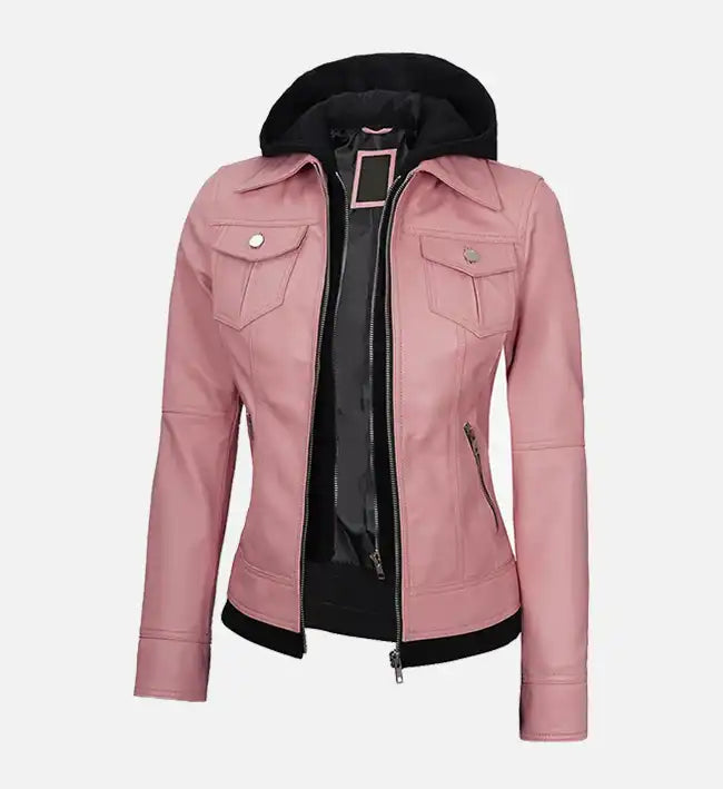 Women’s Sheepskin Leather Jacket – Off-White, Pink & Green with Removable Hood