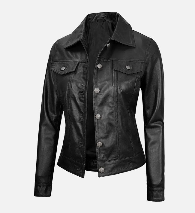 Women’s Sheepskin Leather Trucker Jacket – Brown, Black & Purple