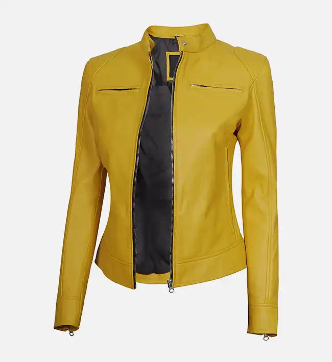 Women’s Sheepskin Leather Jacket – White & Yellow with Streamlined Design