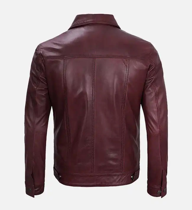 Men’s Sheepskin Trucker Leather Jacket – Camel Brown, Maroon & Blue with Shirt-Style Collar