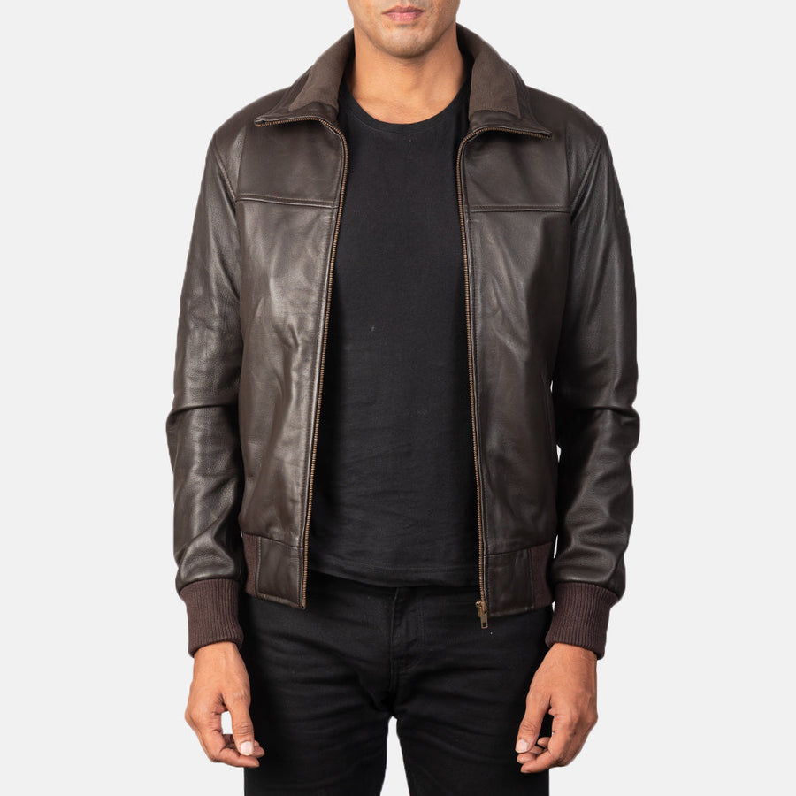 Men’s Sheepskin Leather Jacket with Rib Knit Collar – Semi-Aniline Finish