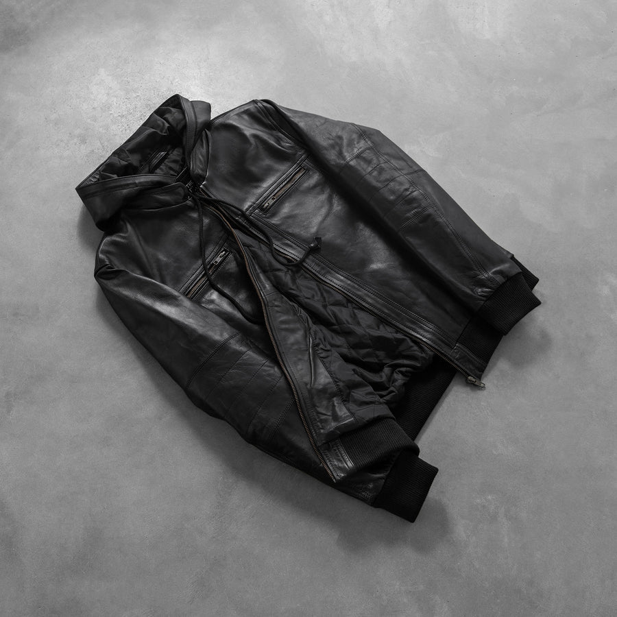 Men’s Hooded Genuine Cowhide Leather Jacket – Rib Knit Finish