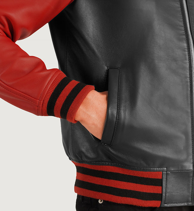 Men’s Sheepskin Leather Bomber Varsity Jacket – with Ribbed Hemline