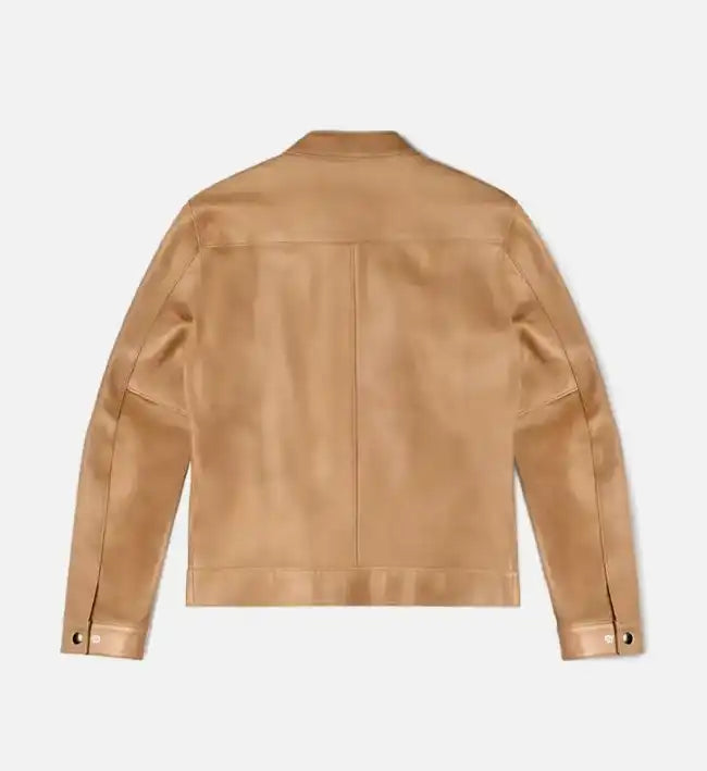 Genuine Sheepskin Leather Biker Jacket – Brown & Tan Brown with Streamlined Pattern Detailing