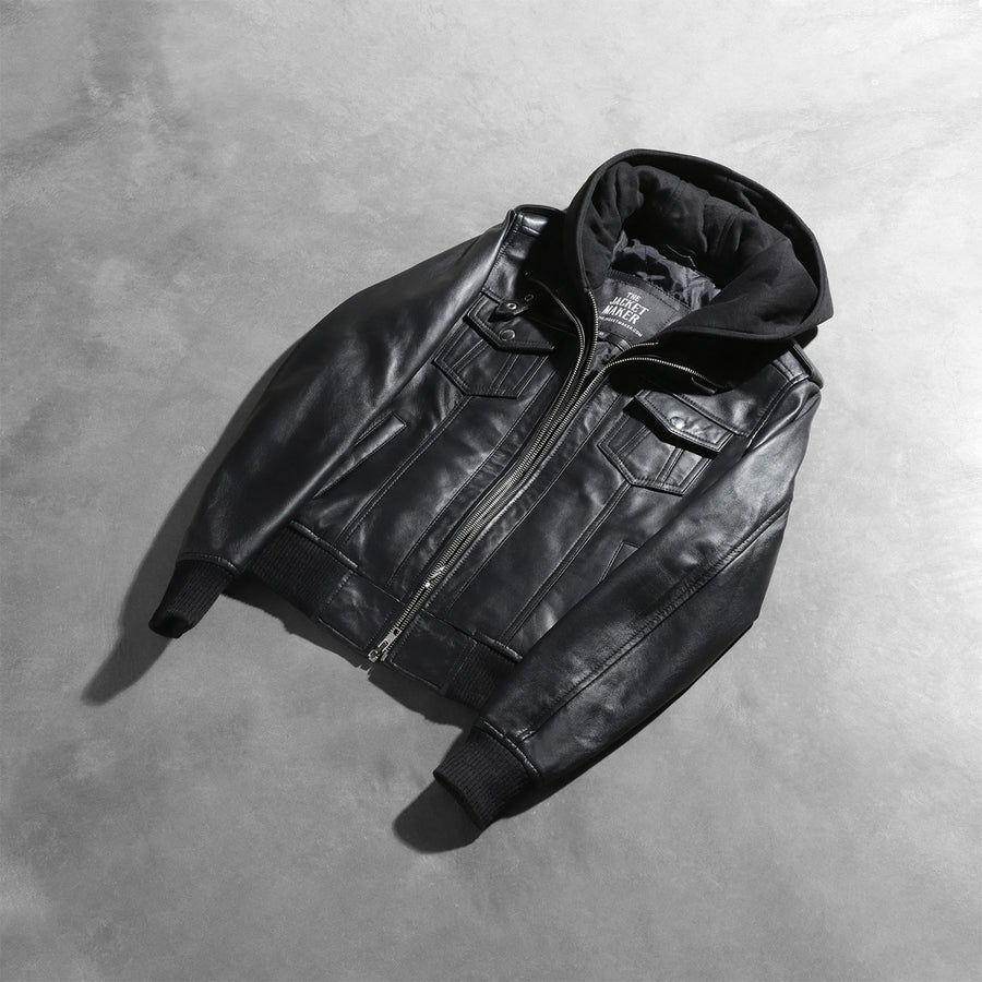 Genuine Sheepskin Leather Hooded Bomber Jacket For Women