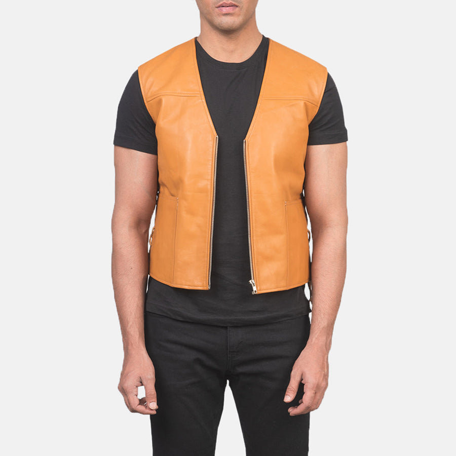 Men’s Black & Tan Brown Sheepskin Leather Vest with Leather Laces