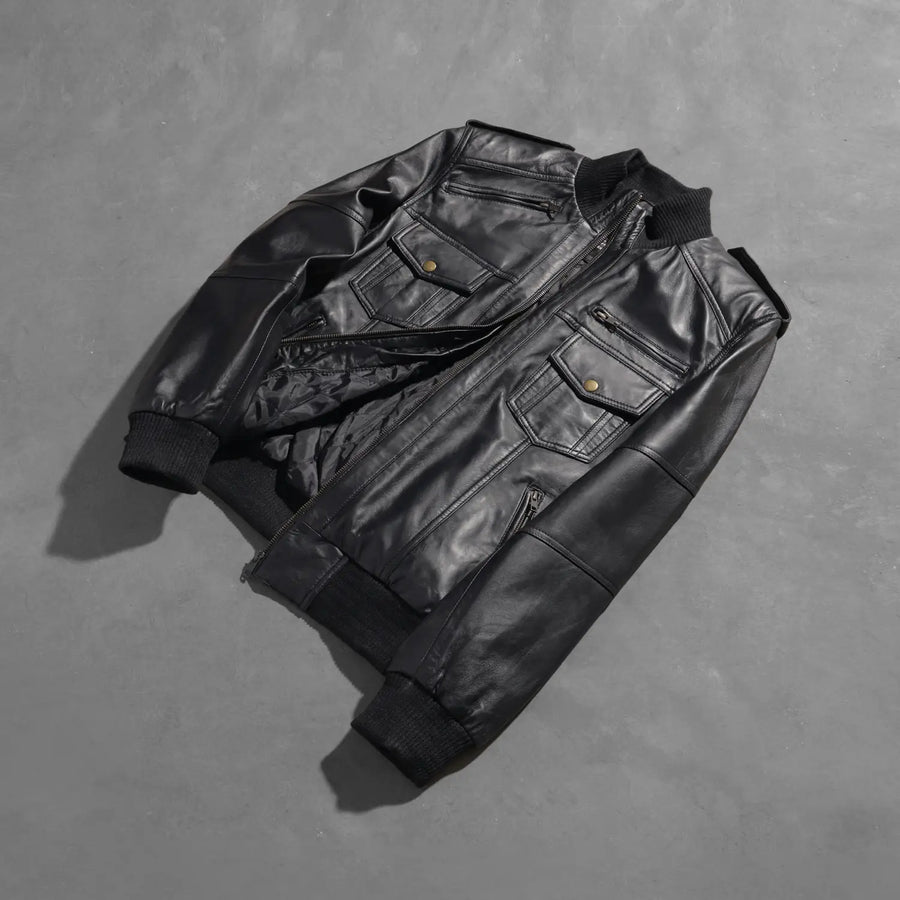 Men’s Sheepskin Leather Jacket with High-Neck Collar & Shoulder Epaulettes