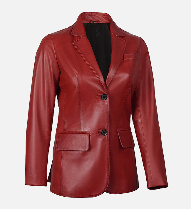 Women’s Sheepskin Two Button Real Leather Blazer – Red & Purple with Notched Lapel Collar