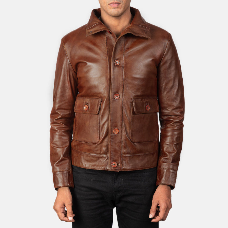Men’s Sheepskin Leather Rider Jacket with High-Neck Buttoned Collar