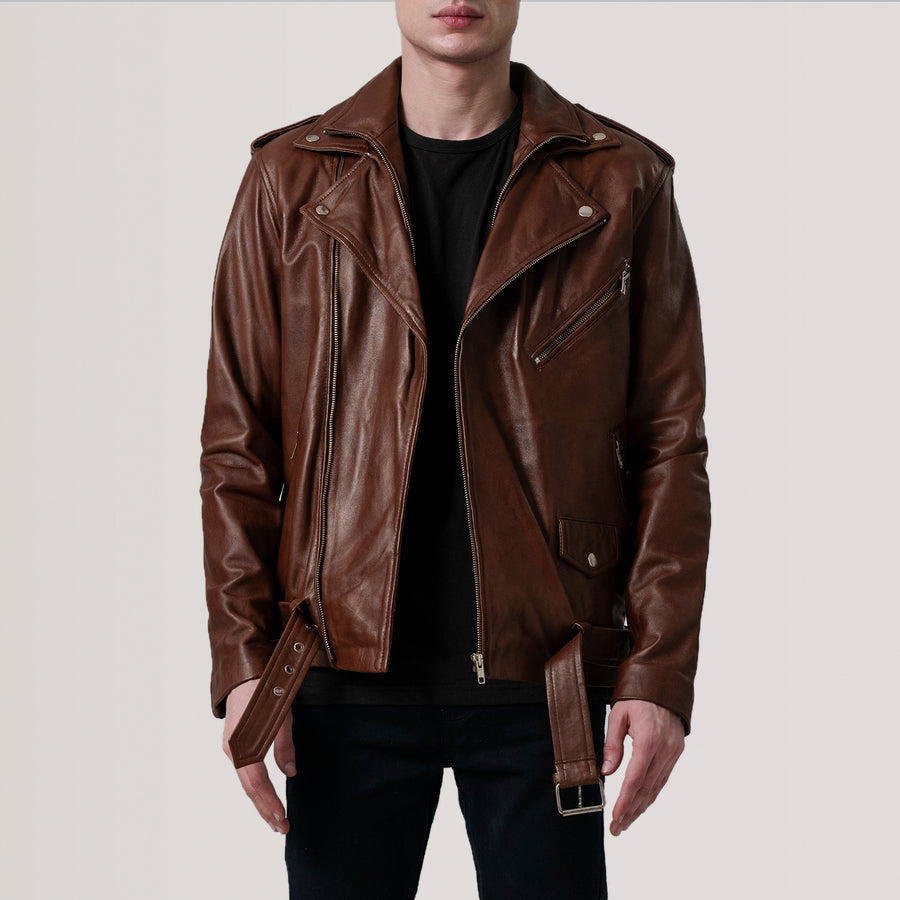 Men’s Sheepskin Leather Rider Jackets with Notch Collar & Waist Straps – Semi-Aniline Finish