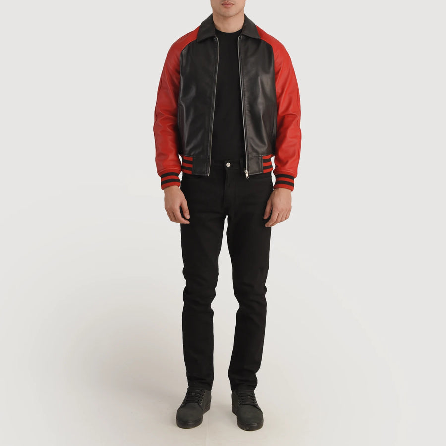 Men’s Varsity Leather Jacket – Real Sheepskin Semi-Aniline Bomber with Rib Knit Cuffs