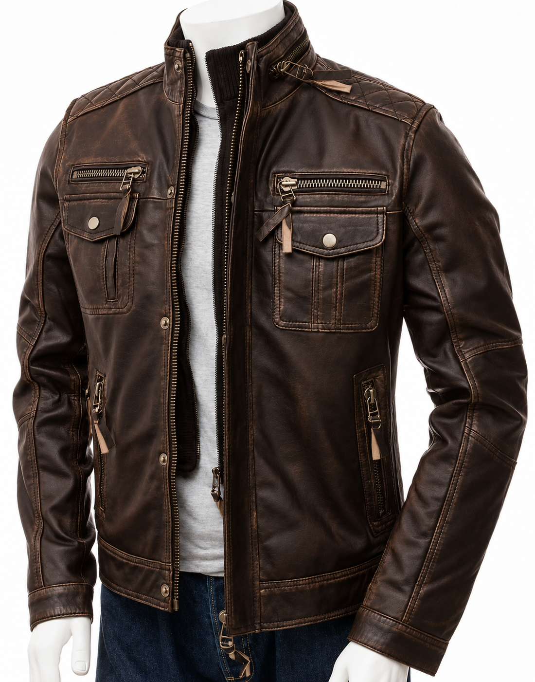 Front view of the Men's Distressed Genuine Leather Biker Jacket Moto Style.