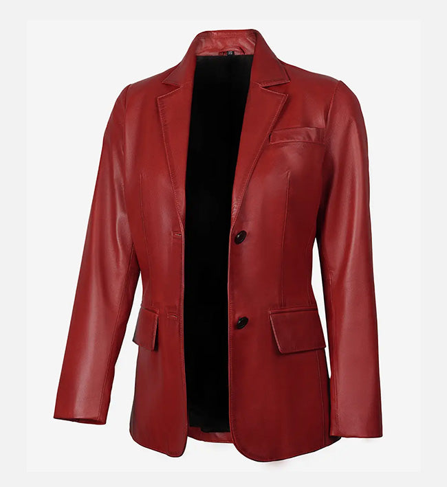 Women’s Sheepskin Two Button Real Leather Blazer – Red & Purple with Notched Lapel Collar