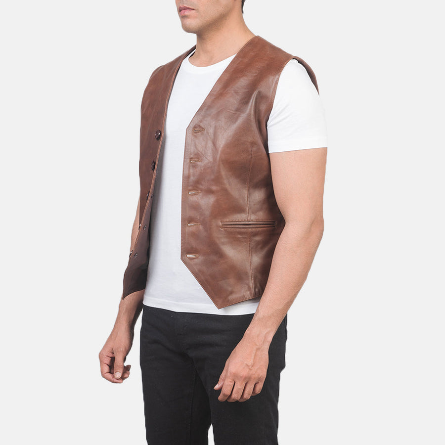 Men’s Pull-Up Cowhide Leather Vest – 5 Button Closure