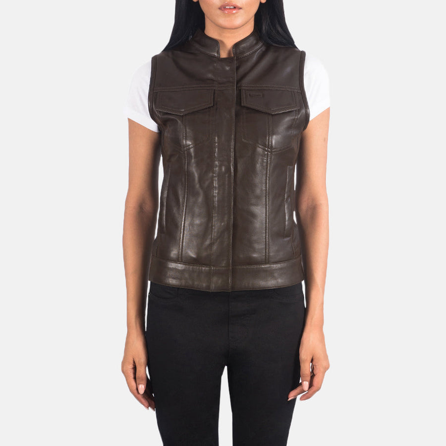 Women’s Black & Brown Sheepskin Leather Vest with Quilted Lining