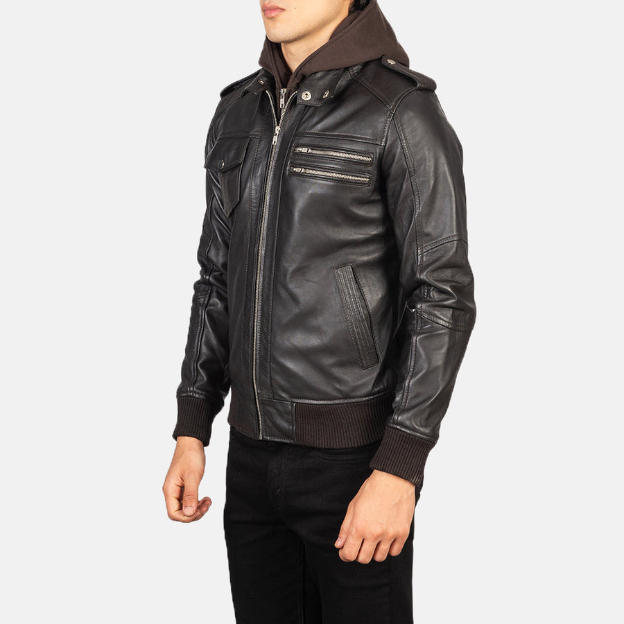 Men’s Sheepskin Leather Jacket with High-Neck Collar & Removable Hood