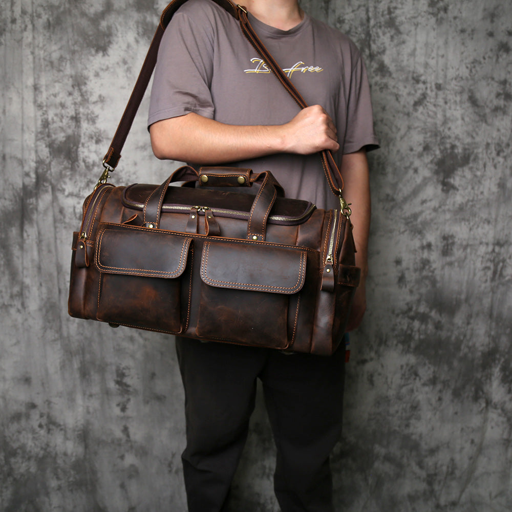 Crazy Horse Leather Duffle Bag – Genuine Leather Travel Weekender Bag for Men & Women