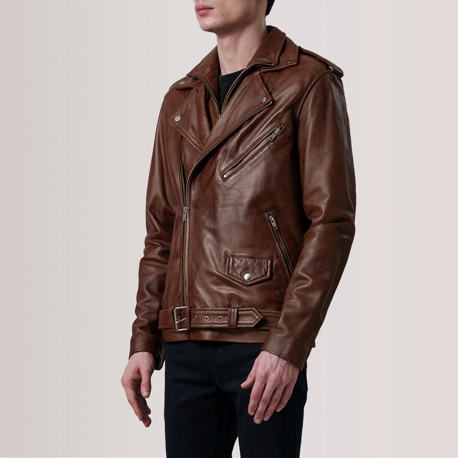 Men’s Sheepskin Leather Rider Jackets with Notch Collar & Waist Straps – Semi-Aniline Finish