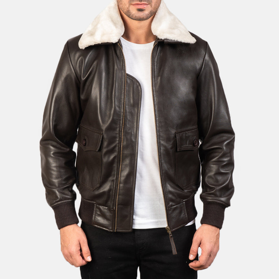 Men’s Semi-Aniline Sheepskin Leather Jacket with Removable Fur Collar
