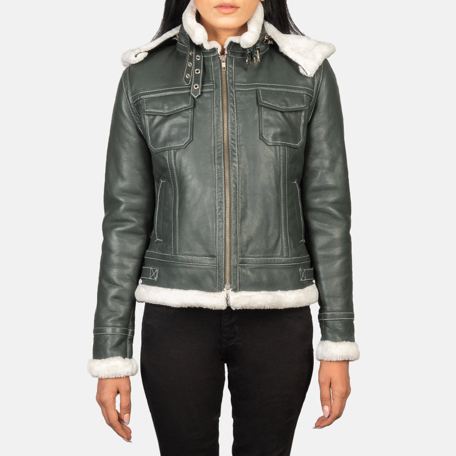 Women’s Sheepskin Leather Jacket with Faux Fur Lining & Removable Hood