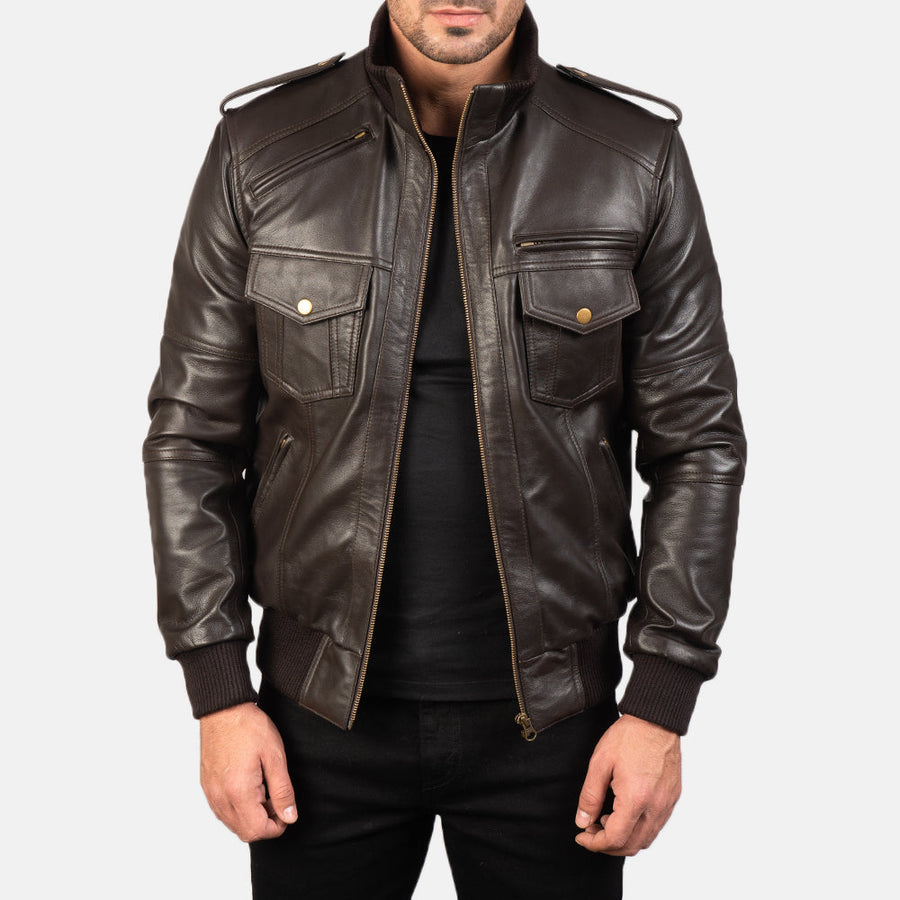 Men’s Sheepskin Leather Jacket with High-Neck Collar & Shoulder Epaulettes