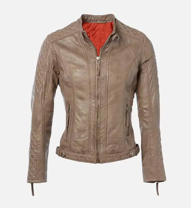 Women’s Sheepskin Short Quilted Shoulder Biker Leather Jacket