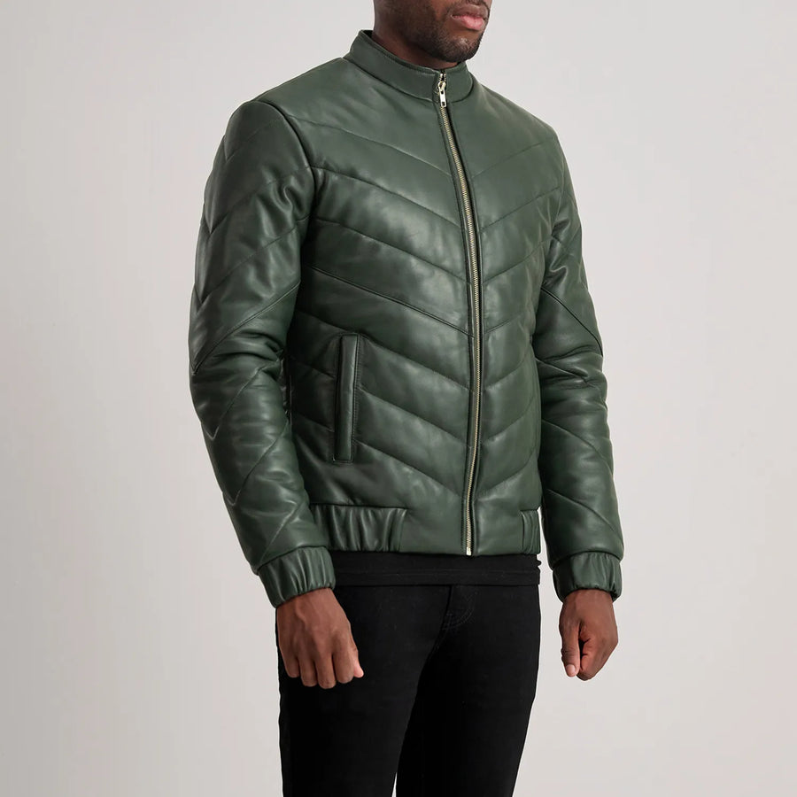 Men’s Sheepskin Real Leather Quilted Puffer Jacket with Band Collor