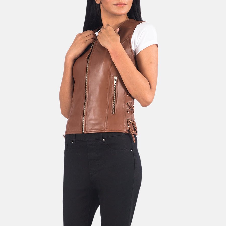 Women’s Black & Brown Sheepskin Leather Vest with V-Neck & Waist Laces