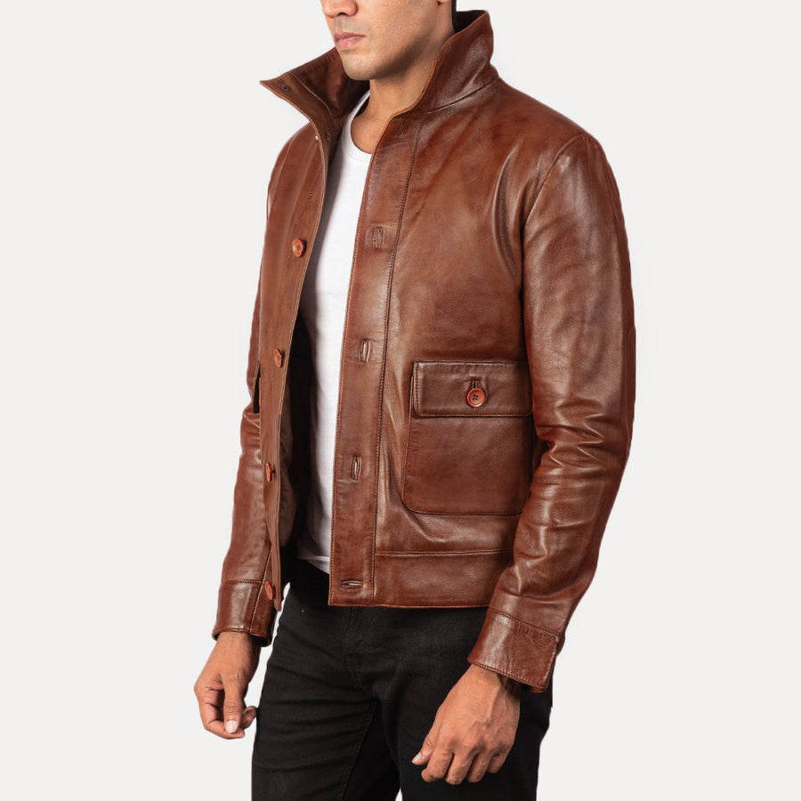Men’s Sheepskin Leather Rider Jacket with High-Neck Buttoned Collar