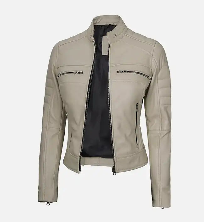 Women’s Sheepskin Leather Café Racer Jacket – Green & Beige with Quilted Shoulders