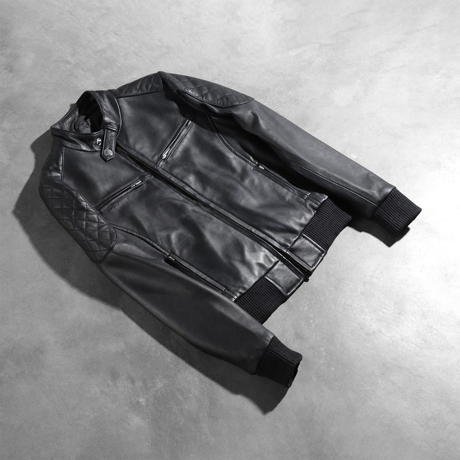 Women’s Black Genuine Sheepskin Leather Jacket with Band Collar