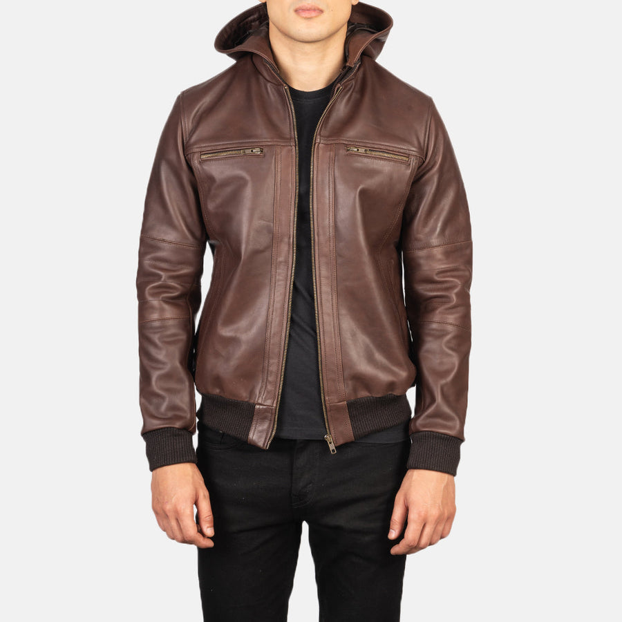 Men’s Hooded Genuine Cowhide Leather Jacket – Rib Knit Finish