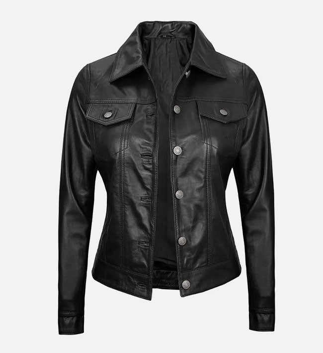 Women’s Sheepskin Leather Trucker Jacket – Brown, Black & Purple