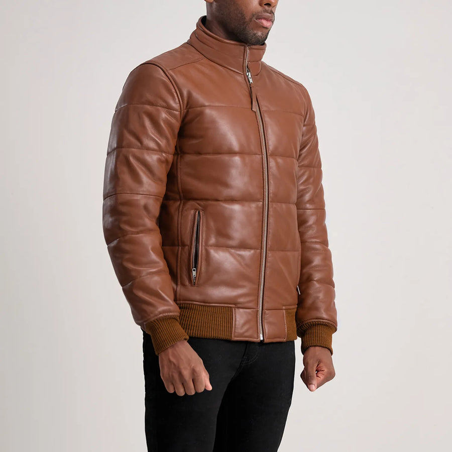 Men’s High-Neck Sheepskin Puffer Leather Jacket – Semi-Aniline Finish