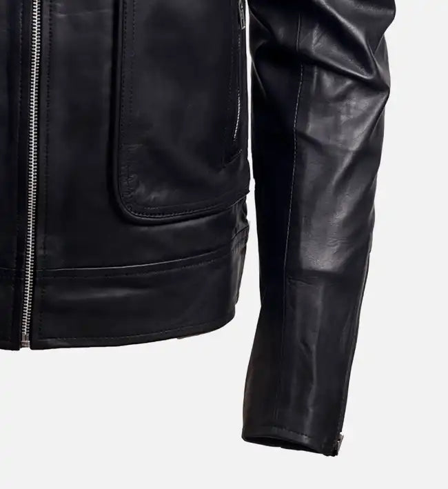 Genuine Sheepskin Brown & Black Leather Jacket with Zip Pocket For Men