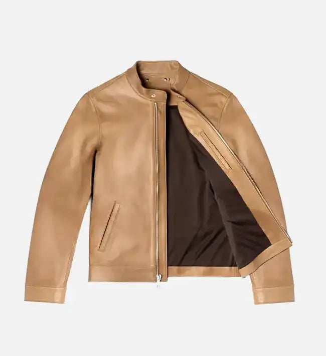 Genuine Sheepskin Leather Biker Jacket – Brown & Tan Brown with Streamlined Pattern Detailing