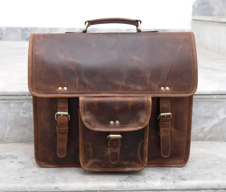 100% Real Leather Laptop Briefcase Bag | Handmade Leather Office Bag | Documents Notebook Bag