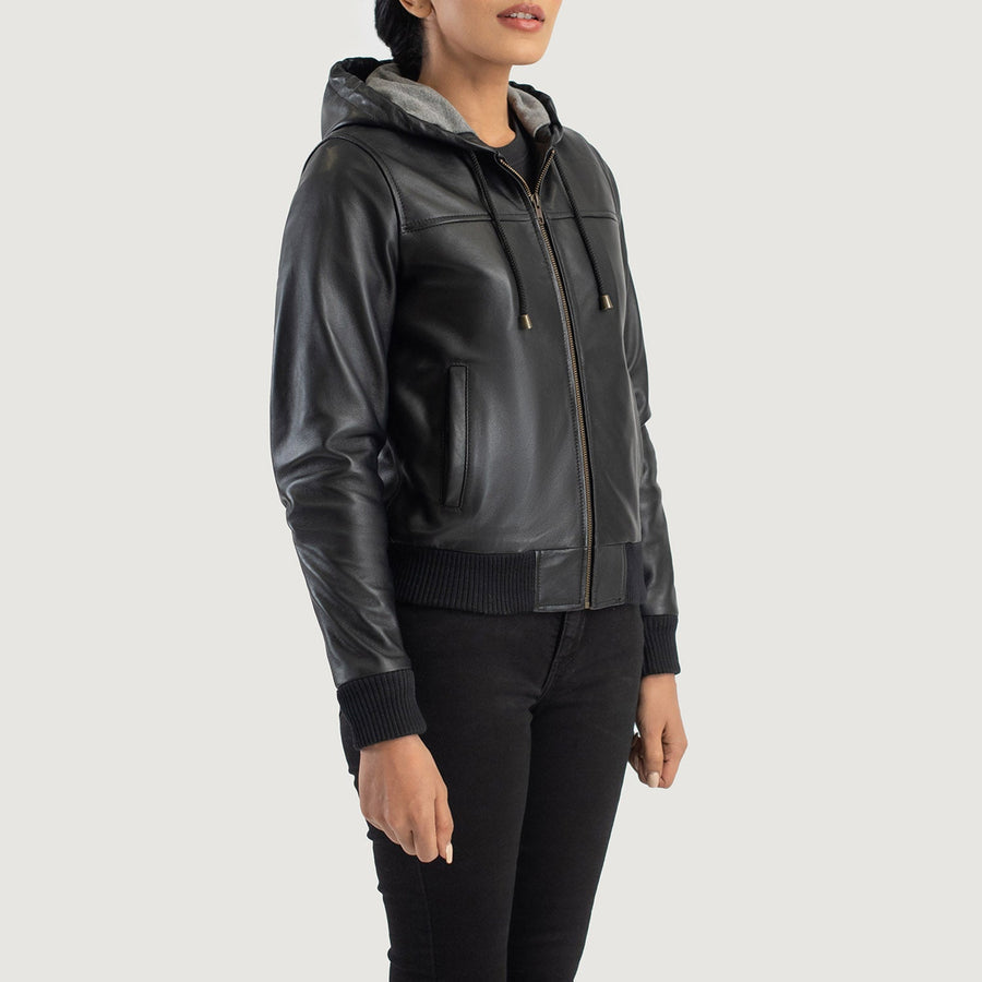 Women’s Hooded Sheepskin Leather Bomber Jacket with Fleece Lining